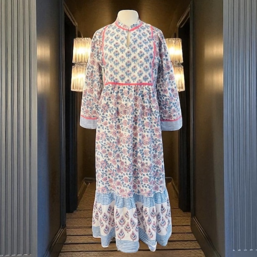 MADISON MATHEWS CHARLESTON DUTCH BLUE FLORAL LINED MAXI RUFFLE DRESS